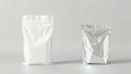 White, and Silver, pouch, standing, package, bags of different shapes and sizes. mock up, pack, Plastic, packaging, mockup, branding, templates, food, zip, blank, chips, snack, © Icon and Mockup