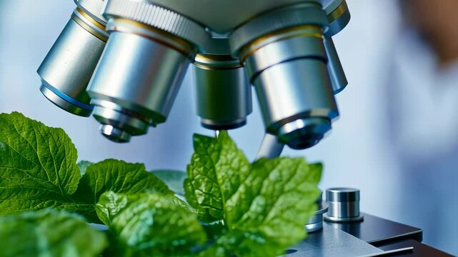 Microscope examines mint leaves for scientific research in laboratory setting during daylight hours