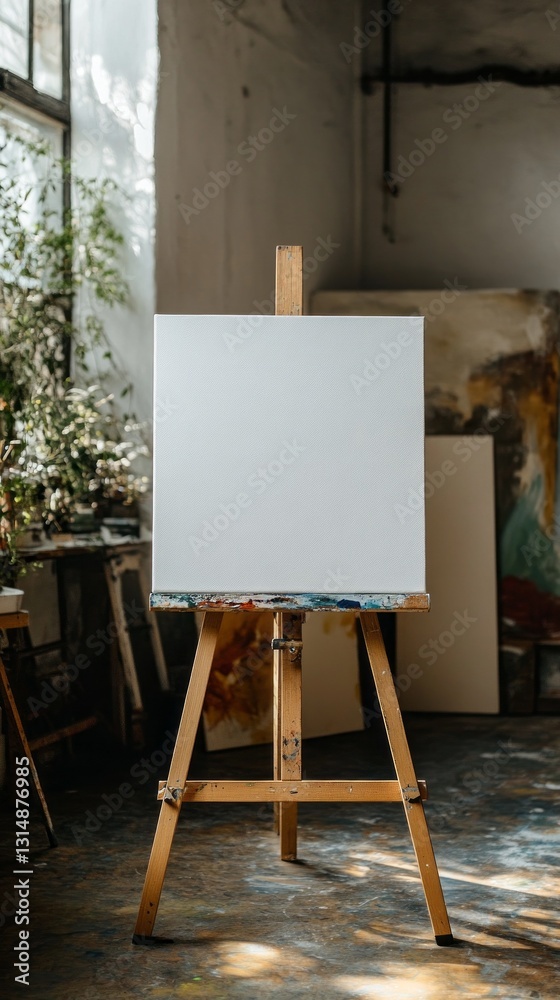 Poster Sunlight pours into a serene artist's studio, illuminating a blank canvas on an easel. Surrounding plants add life, hinting at creativity yet to unfold in this tranquil space