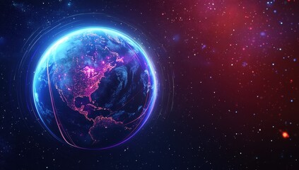 Fototapeta premium Stunning Cosmic World View with Neon Lights and Starry Background, Ideal for Science Fiction and Futuristic Projects