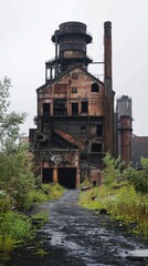 Industrial Relic Amidst Verdant Rebirth A Hauntingly Beautiful Abandoned Factory Complex with Lush Vegetation and a Moody Sky Evoking Decay and Renewal