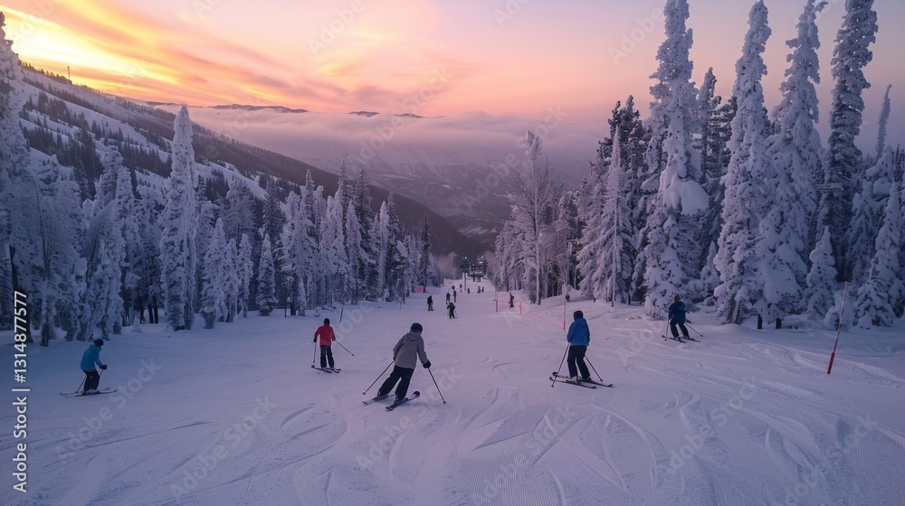 Aufkleber various skiers navigate down a snow covered slope surrounded by tall, frosty trees as the sun sets, 