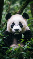 Obraz premium Close-up of a young panda, black and white fur, sitting amidst green bamboo foliage. Image showcases the animal's gentle expression and natural habitat, symbolizing wildlife conservation