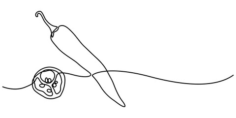 Obraz premium Chili pepper in continuous line art drawing style. Hot spice chili black linear sketch isolated on white background, chili pepper continuous line vector illustration, pepper graphic design Single line