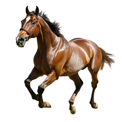 Obraz premium Strong bay horse galloping with speed and grace isolated on white background