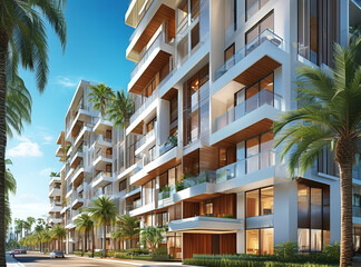 contemporary urban apartment complex. The building has a white facade  and sleek wooden accents. Include a well-lit street scene with palm trees and a clear blue sky,