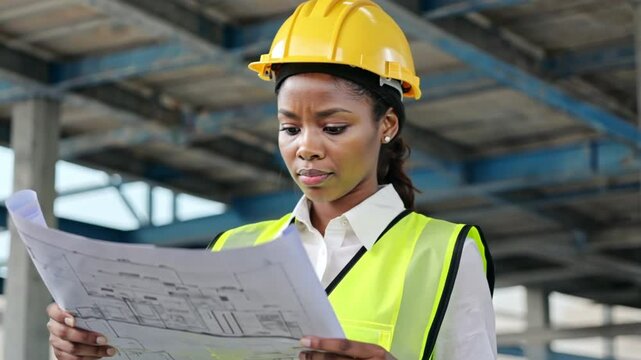 A pensive African female engineer wearing a yellow hard hat and safety vest carefully examines a blueprint at an active construction site. Concept of women in engineering, project management, and stru