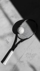 Tennis Racket and Ball Resting on Concrete