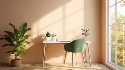 Bright Home Office Interior with Desk, Green Chair and Large Window
