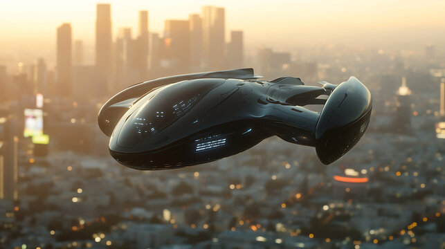 Realistic close-up animation of a personal flying vehicle with foldable wings and anti-gravity propulsion, hovering above a futuristic metropolis 