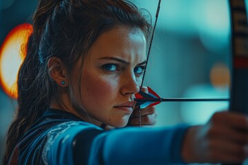Focused archer aims at target with bow and arrow in urban environment during daytime