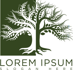 Obraz premium Minimalist dark green tree logo symbolizing growth, sustainability and nature. Modern vector design with clean lines, suitable for eco-friendly businesses, agriculture, conservation organizations.