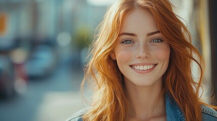 Obraz premium A smiling young woman with long, wavy red hair and freckles wears a denim jacket over a light hoodie.