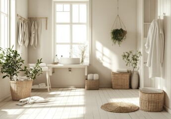 Fototapeta premium Tranquil and Sunlit Modern Bathroom with Natural Elements, Woven Baskets, Towels, Plants, and Cozy Atmosphere for Relaxation and Comfort