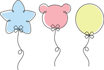 Baby kids flying girt balloon continuous line art drawing. 