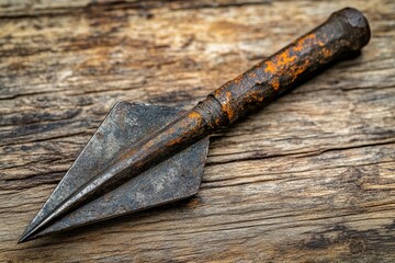 Rusty arrowhead resting on a weathered wooden surface in natural light during daytime
