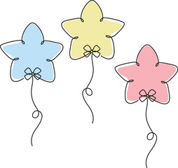 Kids Stars gift balloon set elegance continuous line art drawing. 