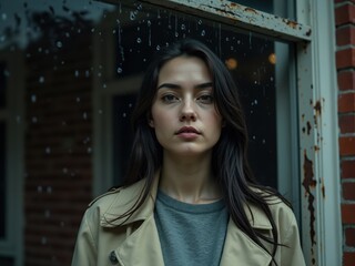 Fototapeta premium Portrait of Young Woman in Trench Coat at Window with Raindrops