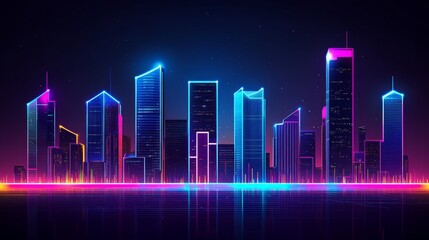 Naklejka premium Futuristic city skyline at night, illuminated by bright neon lights