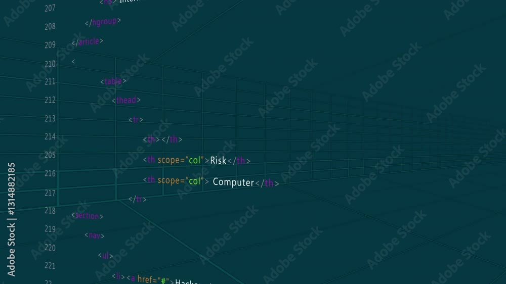 Poster 3d animation visualizing html table structure with rows and columns