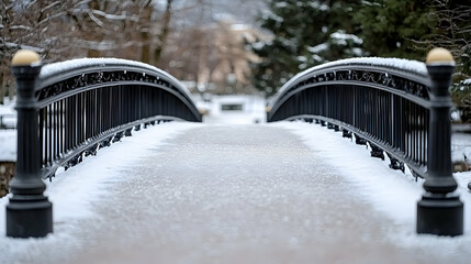 A snow covered ornamental bridge spans a winter landscape