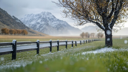 A snowy day scene of a mountain landscape and tree