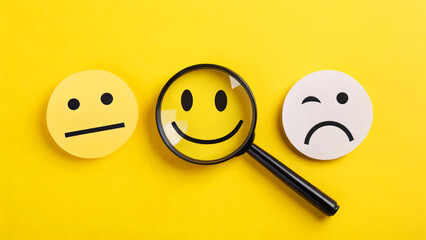 Magnifying Glass Over Smiley Face on Yellow Background, Mood Representation Concept