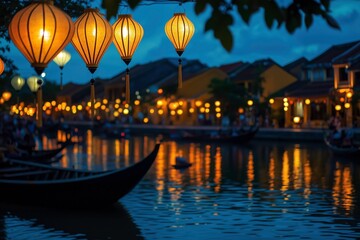 Lanterns Over Hoi An:  A picturesque nighttime scene in Hoi An, Vietnam, where glowing lanterns illuminate the water, reflecting light on buildings, creating a magical atmosphere.