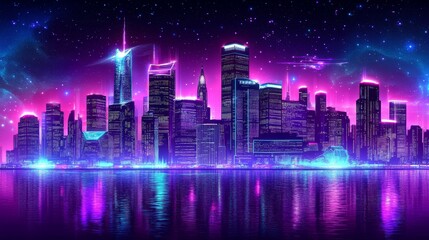 Naklejka premium Futuristic city skyline at night, illuminated by bright neon lights