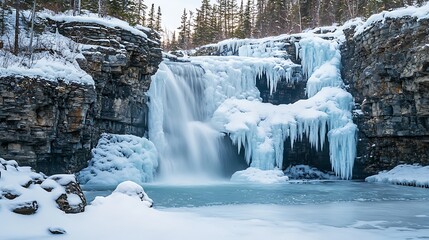 A serene winter waterfall surrounded by ice and snow, showcasing nature's beauty.