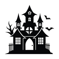 Haunted House Silhouette with Bats and Spooky Atmosphere for Halloween