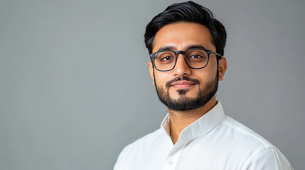 Obraz premium man with an oval-shaped face and balanced proportions stands against a clean, minimalistic studio background.