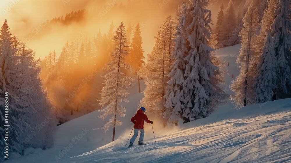 Poster a skier glides down a snowy slope surrounded by frost covered trees, illuminated by a stunning sunse