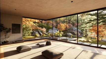 Fototapeta premium Modern Zen Room with Autumn Garden View