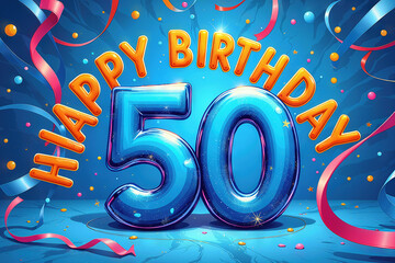 Greeting card for 50 years. Celebrating a 50th birthday with vibrant balloons, confetti, and streamers.