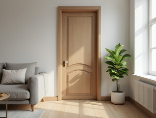 Room with wooden door and plant. Scandinavian home interior design of modern living room. 