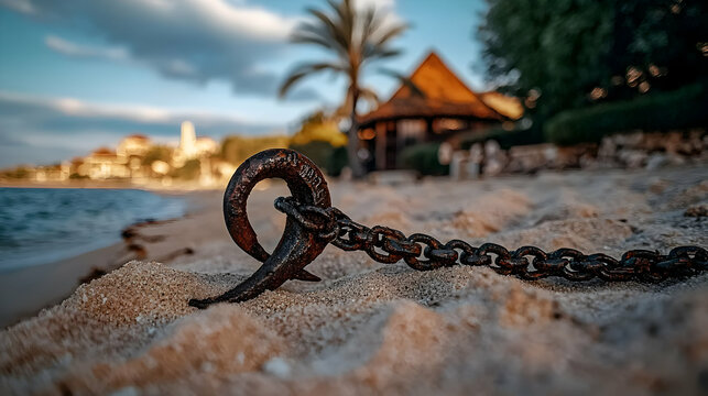 A Rusty Anchor And Chain Resting On The Sandy Beach