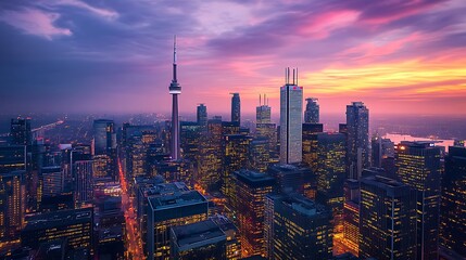 Fototapeta premium A stunning sunset view over a vibrant city skyline with tall buildings and a prominent tower.