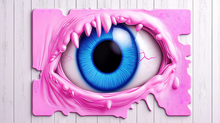 Creative home decor, unique rug with psychedelic horror eye. Hyper realistic blue eye with pink dripping frame