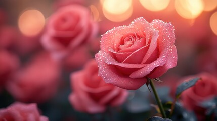 Delicate pink roses, water droplets