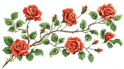 Floral design, red roses, branch, white background
