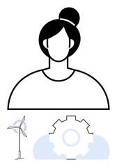Female figure above wind turbine, gear connected to abstract cloud. Ideal for energy, engineering, sustainability, eco-technology, gender equality, innovation digital transformation. Flat simple