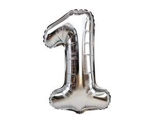 Silver Number 1 Foil Balloon on Transparent Background.