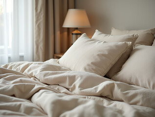 Close up bed with beige bedding. Scandinavian interior design of modern bedroom. 