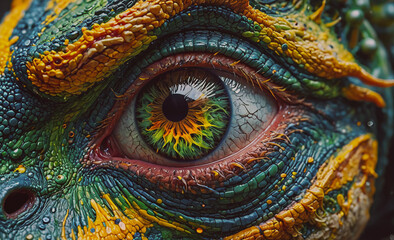 Obraz premium Colorful eye with a green iris and a yellow pupil. The eye is surrounded by a green and yellow face