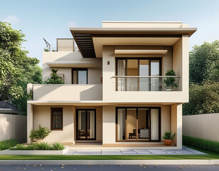 modern Indian middle-class home. The house has a compact, two-story design with a beige or pastel-colored exterior, flat roof, and simple balcony.