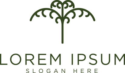 Obraz premium Minimalist dark green tree logo symbolizing growth, sustainability and nature. Modern vector design with clean lines, suitable for eco-friendly businesses, agriculture, conservation organizations.