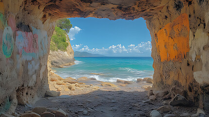 Coastal cave opening, ocean view, graffiti, summer