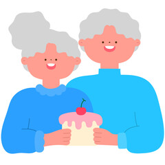 senior couple celebrating their golden anniversary with a cake, lifetime love and graceful aging flat vector illustration