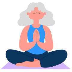 senior woman meditating on a yoga mat, mindfulness and wellness flat vector illustration